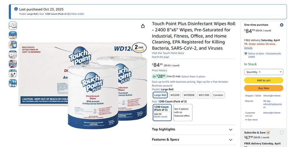 Touch Point Plus Disinfectant Wipes Roll — 1200 count, pack of 2 (Amazon listing)
